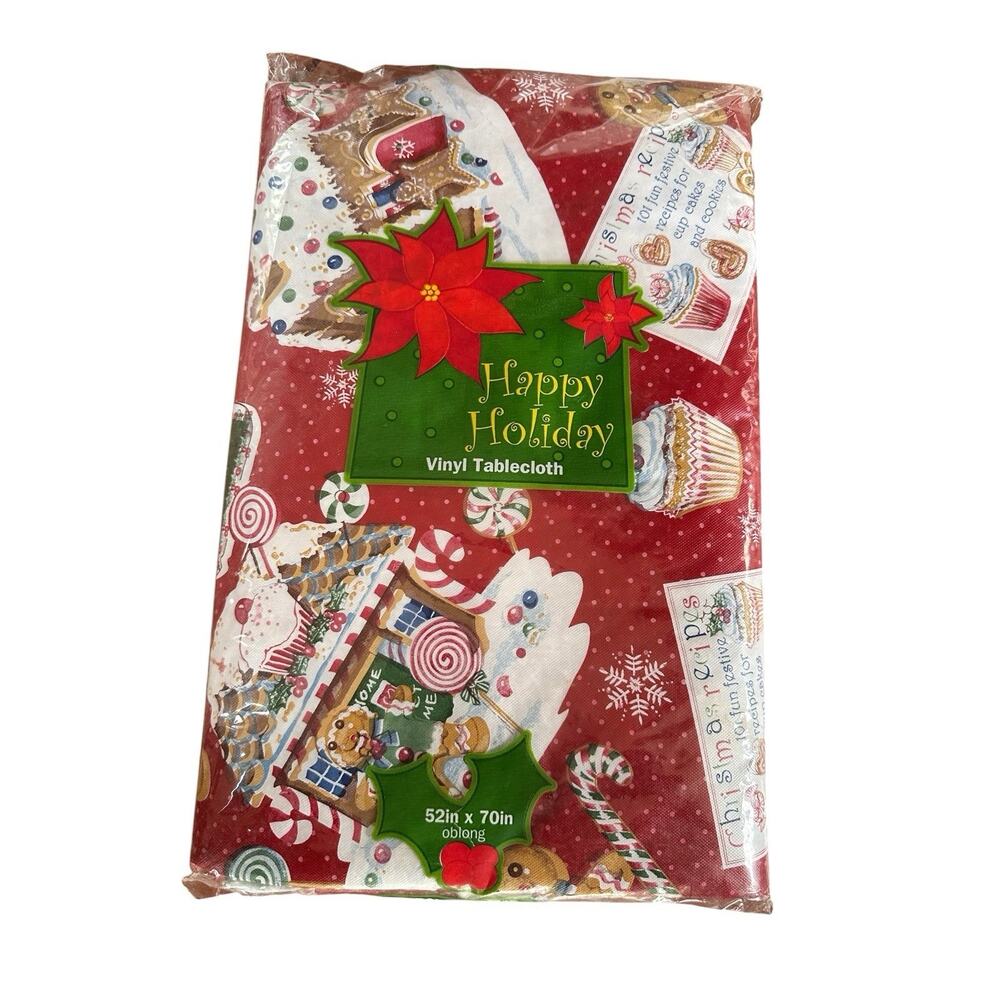 Vintage Elrene Christmas Gingerbread Man Vinyl Flannel Back 52"x70" Tablecloth